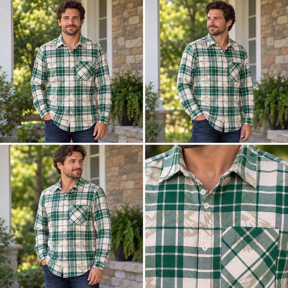 Spyder Button Up Shirt Mens Small Green White Plaid Leaf Print Long Sleeve